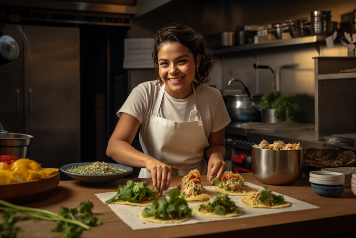 Image of an employee making tacos in the kitchen