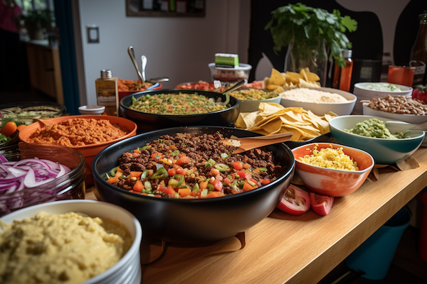 Image of a taco bar food spread